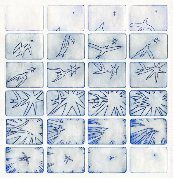 "Flight" / freehand animation / 04-06/2026 / etchings (5x7.5cm each) view animation [x]