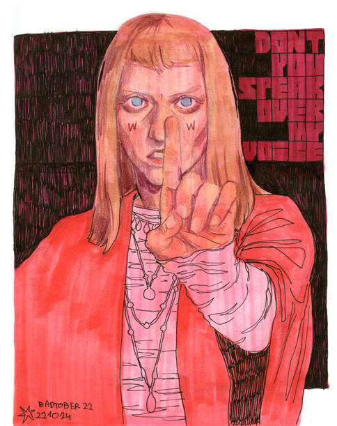 Day 22: long straight hair + blunt bangs (Aurora, with lyrics from It Happened Quiet) / alcohol markers, coloured pencils, pen