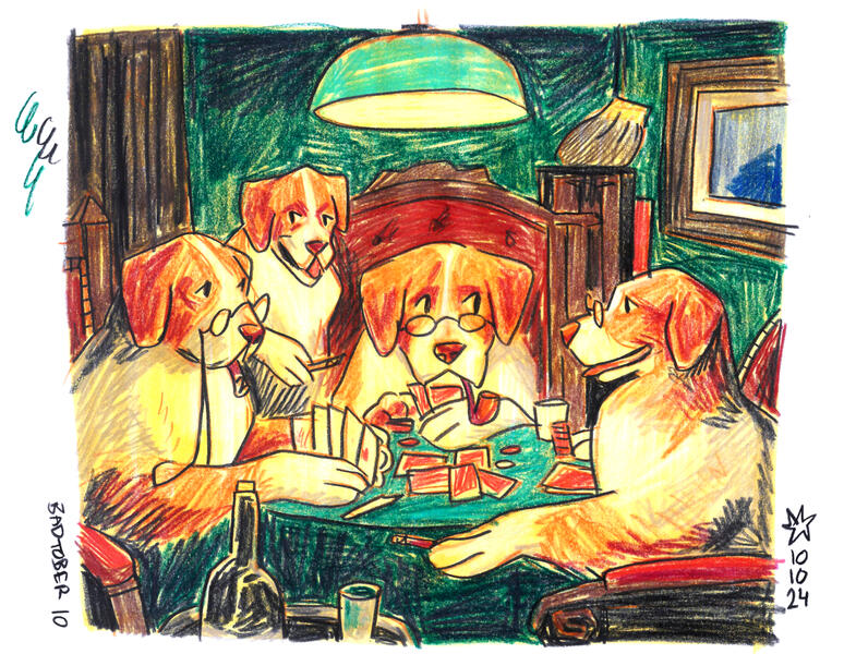 Day 10: that painting of dogs playing poker (Poker Game, 1894 by Cassius Marcellus Coolidge) / coloured pencils & alcohol marker