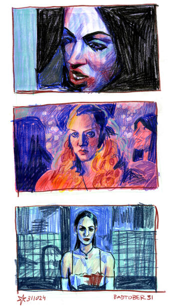Day 31: watch media and draw a scene from it (scenes from Jennifer's Body (2009)) / coloured pencils, alcohol marker